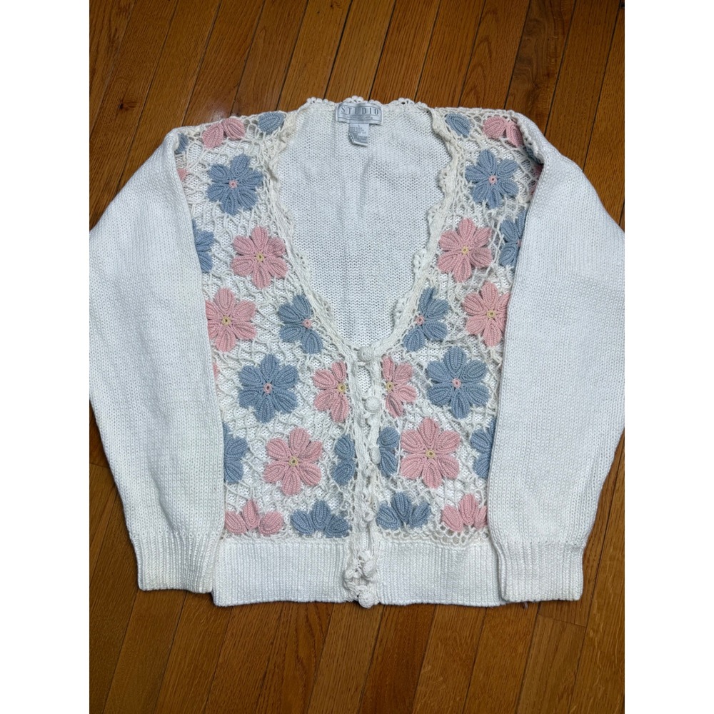 Studio Michelle Stuart‎ Vintage Floral Crochet Cardigan White Pink Blue Large